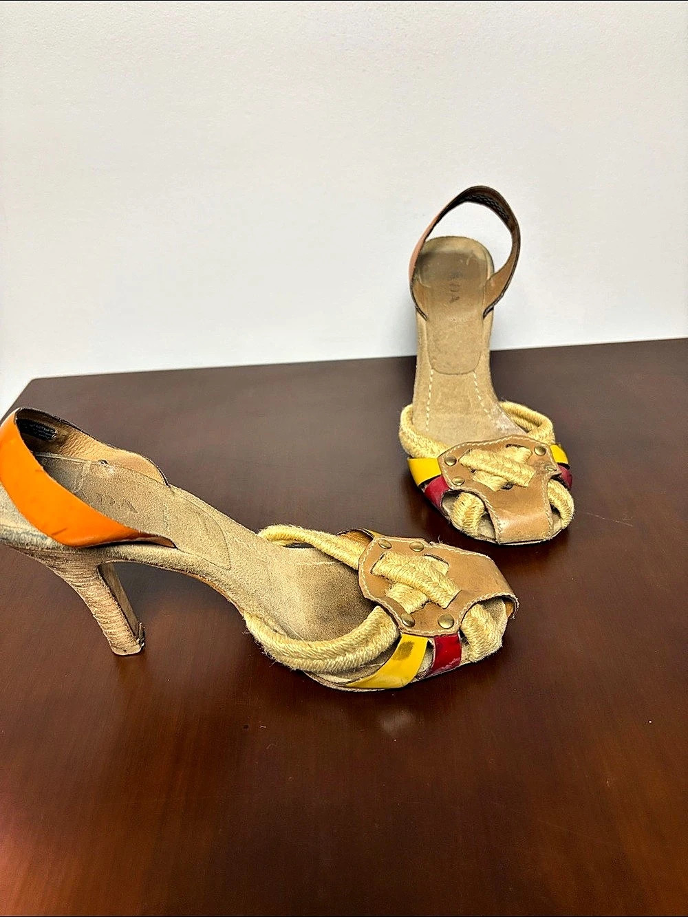 Prada Color Block Heels in Gold & Red